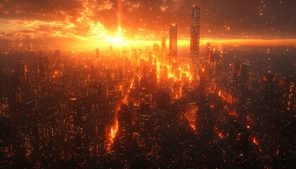 Fototapeta premium Dazzling Sunset Over a Futuristic Cityscape with Glowing Skyscrapers and Fiery Atmosphere, Illuminating the Urban Skyline with Warm Hues and Flashes of Light