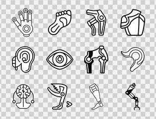 A futuristic icon set featuring sleek, minimalist line art of bionic parts, including robotic hands, prosthetic limbs, cybernetic implants, advanced artificial organs, and tech-enhanced human body com