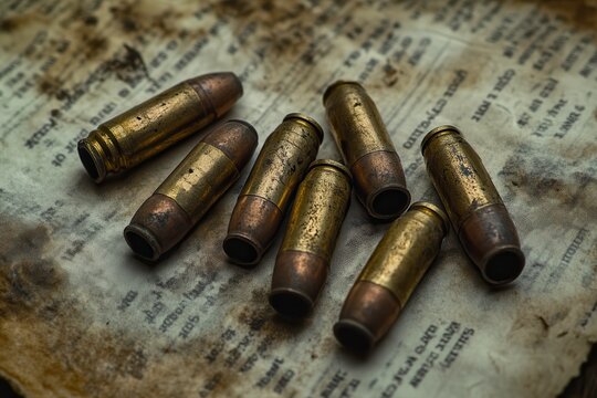 Handgun Bullets Resting on Printed Paper, Partially Covered in Dirt and Grit. Generative AI