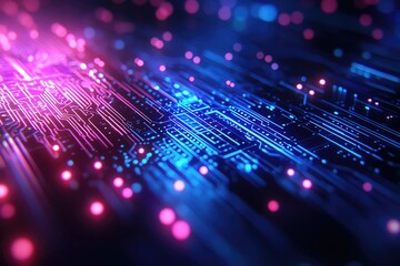 Vibrant abstract representation of digital circuits with glowing neon lights in blue and pink hues for tech enthusiasts.
