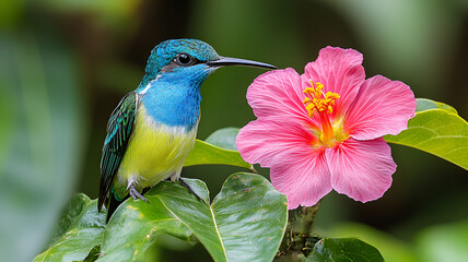 Obraz premium vibrant hummingbird perched beside pink flower, showcasing nature beauty