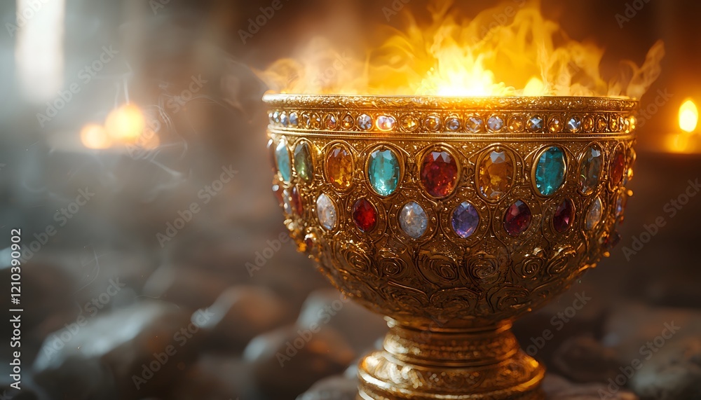 Poster golden ornate bowl with colorful gemstones radiating warm light and surrounded by an ethereal mist, 