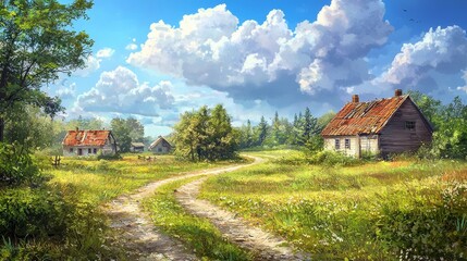 An empty village with only two independent houses and a large open space around, game style, HD high resolution 