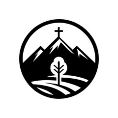 Simple black vector logo icon with cross on mountain
