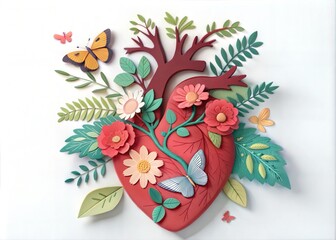 World Heart Day Concept Beautiful Flowers Leaves and Butterflies Decorate the Human Heart 3D Paper Illustration