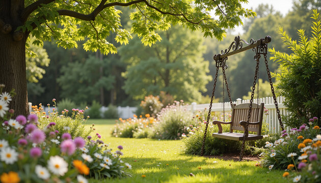 Vintage swing in flower garden under sunny trees, peaceful escape, Swing in Yard, Mild Weather