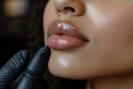 Close-up of Woman's Lips During Cosmetic Enhancement Procedure in Aesthetic Setting. Generative AI