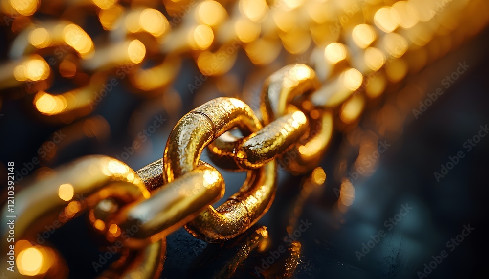 Poster close-up view of a gold chain linking together in a stylish and reflective setting, highlighting the