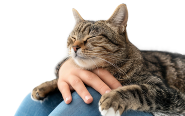 A Content Cat Sitting on Its Owner's Lap Purring Happily Isolated on transparent background PNG