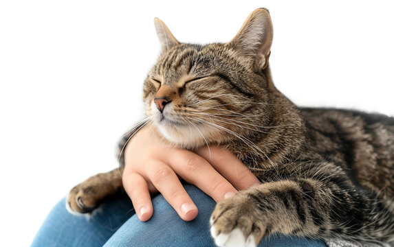 A Content Cat Sitting on Its Owner's Lap Purring Happily Isolated on transparent background PNG