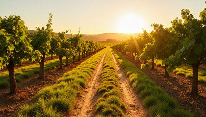 Naklejka premium Rustic vineyard path under golden sunset, serene exploration, Walking Trails, Mild Weather