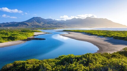 Tropical Coastal Scene with Mountains