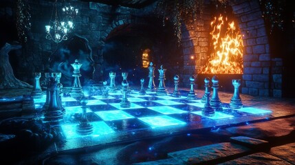 Obraz premium Detailed chess board with glowing pieces in a dramatic setting