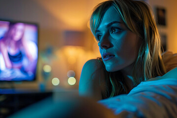 Generative AI Image of a Person Watching a Movie at Home with Vibrant Cinema Ambiance
