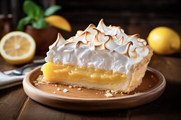 Baked Lemon Meringue Pie on Wooden Board - Delicious Citrus Dessert with Cream Topping