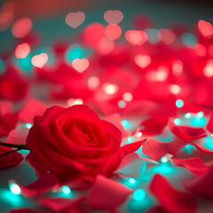 Romantic Valentine&rsquo;s Day background with soft pink, red, and white tones, scattered rose petals, glowing fairy lights, and delicate hearts. Dreamy bokeh effects and ample space for design or text
