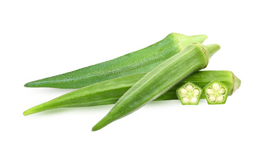 fresh okra isolated and slice on a white background. Green vegetable for health on transparent.