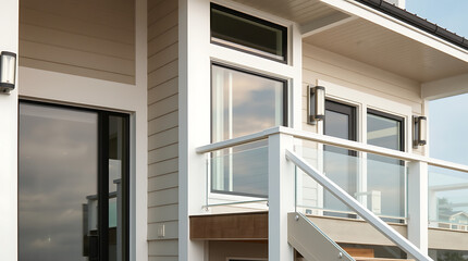 Modern Coastal Home Exterior: Architectural Design and Details.  Luxury Real Estate, New Construction, Contemporary Home with Glass Balcony and Modern Facade.