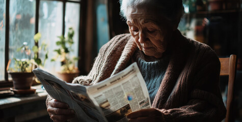 An elderly woman sits in a well-lit room, focused on reading a newspaper. Surrounded by plants, she appears thoughtful and engaged in the news. The warm atmosphere creates a sense of tranquility.