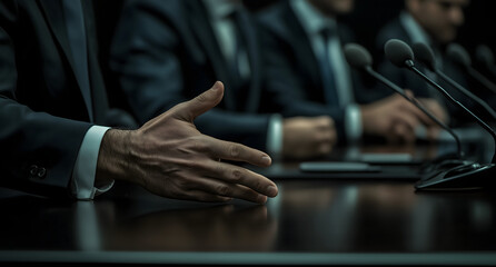A close-up shows the head of the U.S. delegation, a white male representative, speaking at an economic conference. Diverse delegates listen at the International Political Summit.
