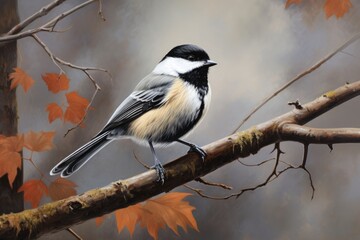 Fototapeta premium Black-capped Chickadee Perched on a Tree Branch - Beautiful Avian Wildlife Nature Shot of a Songbird