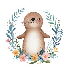 Cute otter surrounded by colorful flowers.