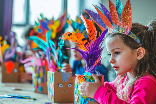 Children creating vibrant Mardi Gras crafts with feathers, glitter, and colorful materials, perfect for DIY tutorials, festive family activities, or celebration promotions