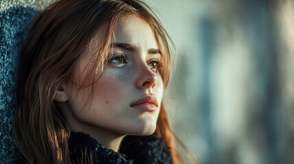 Fototapeta premium Pensive Young Woman Portrait: A Dreamy Gaze