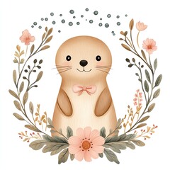 Isolate  for whimsical story on white pastel  Cute otter character in floral design.
