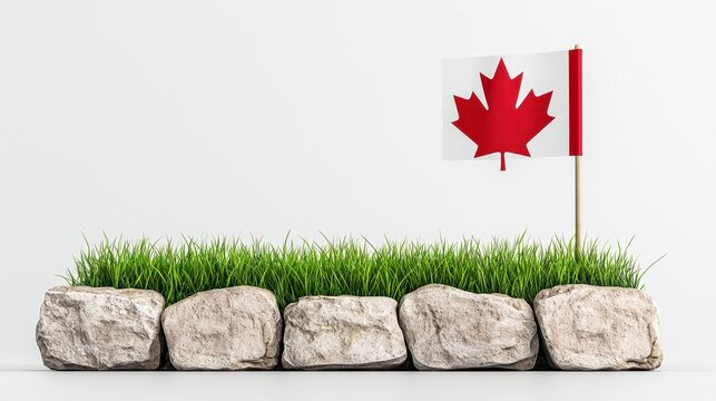 A miniature Canadian flag stands tall amidst vibrant green grass and light grey stones, symbolizing national pride and natural bea