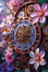 Obraz premium Ornate Steampunk Clockwork Timepiece with Flowers Intricate Design Vintage Copper Gold