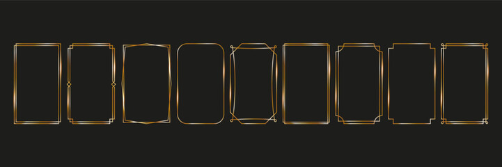 Collection thin linear geometric gold frames. Elegant rectangular borders on black background