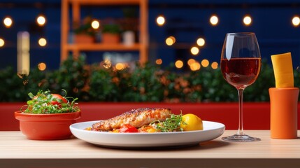 Naklejka premium Casual elegance dining experience in modern space soft evening light professional food