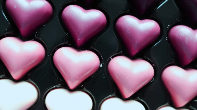 Valentine Day chocolate candy. Romantic love greeting present milk choco pink dessert macro footage 