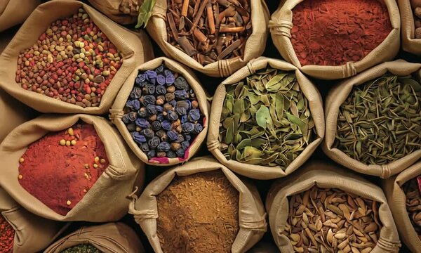 Turkish A variety of spices are displayed in bags, including cinnamon, cumin, and turmeric. The bags are arranged in a row, with some bags overlapping each other. The spices are colorful and fragrant