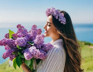 Fototapeta premium Beautiful Girl with Long Loose Hair Wearing a Lilac Flower Crown, Holding a Large Bouquet of Vibrant Lilacs