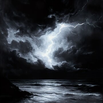 Dark Stormy Seascape: Lightning Strikes the Night Ocean