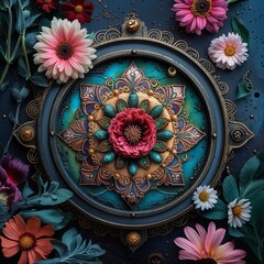 Obraz premium Intricate Mandala with Flowers on a Dark Blue Background with Ornate Gold Details