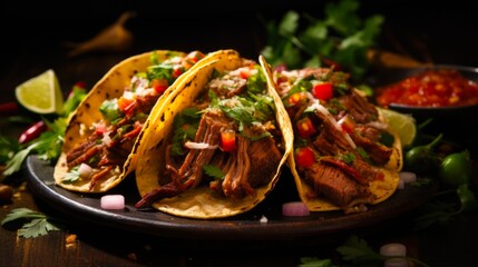 Carne Asada Tacos. Delicious Mexican Street Tacos with Beef, Cilantro, Onion, Lime and Spicy Salsa on Corn Tortillas