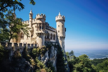 Castle Lichtenstein on Clear Blue Sky- Sunny Day in Swabian Alb, Germany. Outdoor Shot with Copy Space