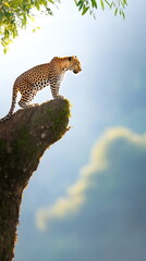 Obraz premium A leopard perched high on a tree, blending into the rugged bark, surrounded by dense jungle, wildlife banner