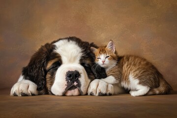 A cozy Saint Bernard sleeping next to a ginger kitten cuddling against it, set against a warm-toned textured background. Ideal for pet promotions, heartwarming campaigns, and animal care ads