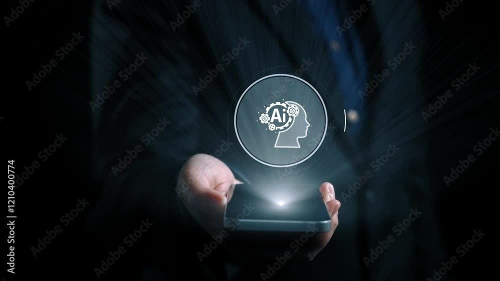 Poster human interact with ai artificial intelligence brain processor in concept of ai artificial intellige