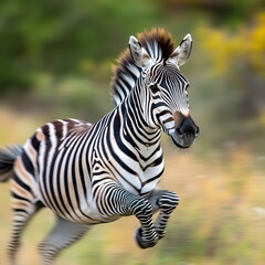 Fototapeta premium A zebra running across a golden savanna, dust rising in their wake, wildlife banner