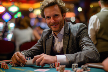 Fototapeta premium A man is sitting at a poker table with a pile of chips in front of him