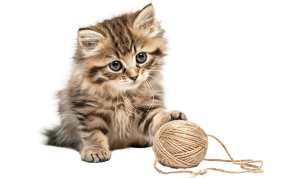 A Fluffy Kitten Playing with a Ball of Yarn and Getting Tangled Isolated on transparent background PNG