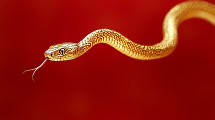 Fototapeta premium Empty space, a long delicate golden snake hovering and flying in the air, metallic snake, red background, depth of field 