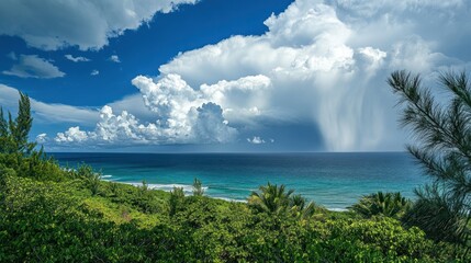 A dramatic seascape view with a rain shower over the turquoise ocean and lush green foliage