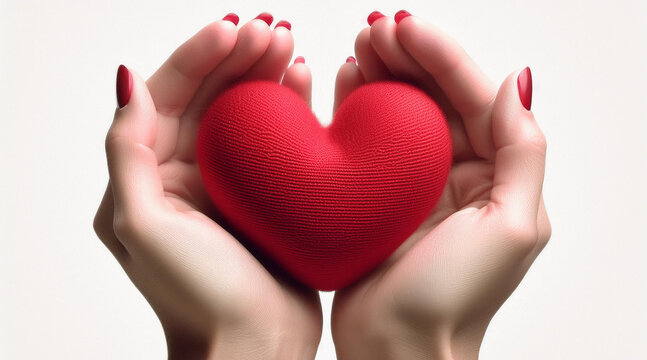 Hands Holding a Red Heart. A pair of gentle hands with red nail polish tenderly holding a red heart, symbolizing love, care, and affection. Perfect for conveying emotions of warmth and compassion