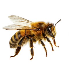 A close-up of a honeybee with golden brown fur, transparent wings and striped abdomen isolated on white background